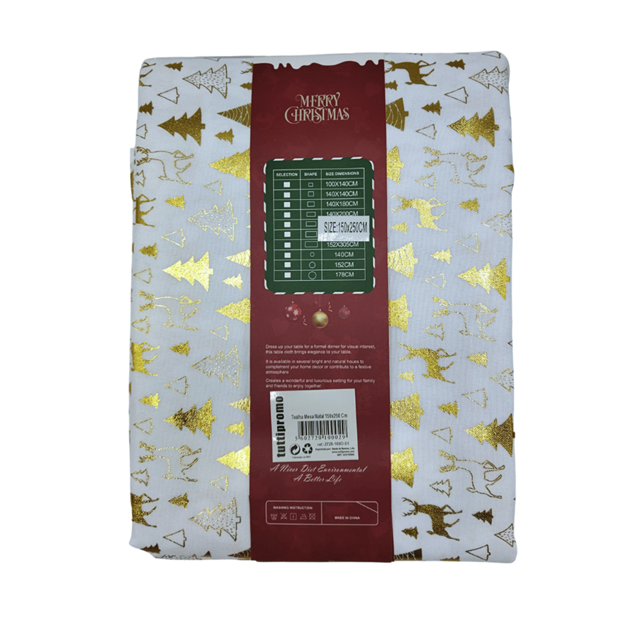 TOALHA MESA NATAL 150X250CM BRANCO/OURO